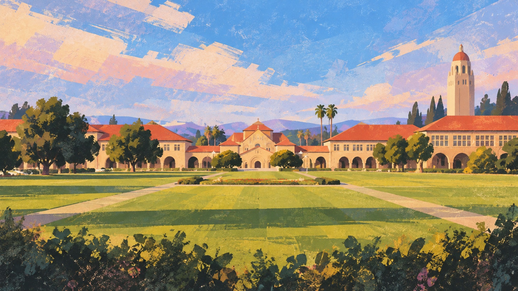 Illustration of Stanford's Main Quad and Hoover Tower